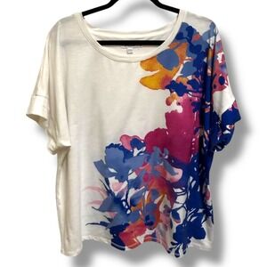 Chicos Womens Floral Watercolor Dolman Sleeve Knit Top‎ White Blue Pink 3 XL 16